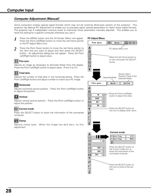 Page 2828
Computer Input
Some computers employ special signal formats which may not be tuned by Multi-scan system of this projector.  This
projector has Manual PC Adjustment to enable you to precisely adjust several parameters to match those signal formats.
The projector has 5 independent memory areas to memorize those parameters manually adjusted.  This enables you to
recall the setting for a specific computer whenever you use it. 
Press the MENU button and the On-Screen Menu will appear.
Press the Point...