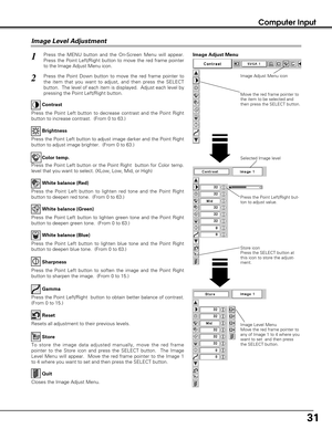 Page 3131
Computer Input
Press the Point Left/Right but-
ton to adjust value.
Press the MENU button and the On-Screen Menu will appear.
Press the Point Left/Right button to move the red frame pointer
to the Image Adjust Menu icon.1
2Press the Point Down button to move the red frame pointer to
the item that you want to adjust, and then press the SELECT
button.  The level of each item is displayed.  Adjust each level by
pressing the Point Left/Right button.
Move the red frame pointer to
the item to be selected...