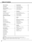 Page 22
Table of Contents
TRADEMARKS
Apple, Macintosh, and PowerBook are trademarks or registered trademarks of Apple Computer,Inc.
IBM, VGA, XGA, and PS/2 are trademarks or registered trademarks of International Business Machines, Inc.
Windows and PowerPoint are registered trademarks of Microsoft Corporation.
Each name of corporations or products in the owners manual is a trademark or a registered trademark of its respective
corporation.
Features and Design 8
Basic Operation 19Computer Input 25
Video...