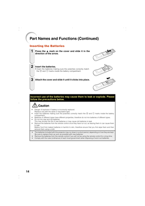 Page 1714
• Danger of explosion if battery is incorrectly replaced.
Replace only with the same or equivalent type.
• Insert the batteries making sure the polarities correctly match the m and n marks inside the battery
compartment.
• Batteries of different types have different properties, therefore do not mix batteries of different types.
• Do not mix new and old batteries.
This may shorten the life of new batteries or may cause old batteries to leak.
• Remove the batteries from the remote control once they have...