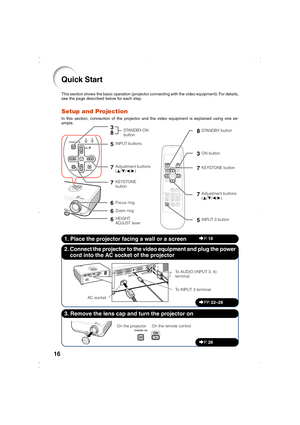 Page 1916
Quick Start
This section shows the basic operation (projector connecting with the video equipment). For details,
see the page described below for each step.
Setup and Projection
In this section, connection of the projector and the video equipment is explained using one ex-
ample.
3. Remove the lens cap and turn the projector on 2. Connect the projector to the video equipment and plug the power
cord into the AC socket of the projector
On the projector On the remote control
_PP. 22–28
_P.  28
1. Place...