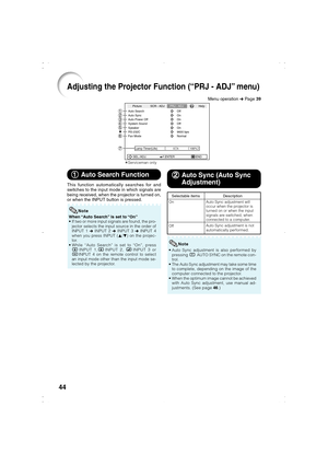 Page 4744
Adjusting the Projector Function (“PRJ - ADJ” menu)
Picture
Auto SearchSCR - ADJPRJ - ADJHelp
Auto Sync
Auto Power Off
System Sound
h Off On
On
Off
SEL./ADJ. ENTER END0 Lamp Timer(Life) 100%
Speaker OnRS-232C 9600 bpsFan Mode Normal
1 11 1
1 Auto Search Function
This function automatically searches for and
switches to the input mode in which signals are
being received, when the projector is turned on,
or when the INPUT button is pressed.
When “Auto Search” is set to “On”
• If two or more input signals...