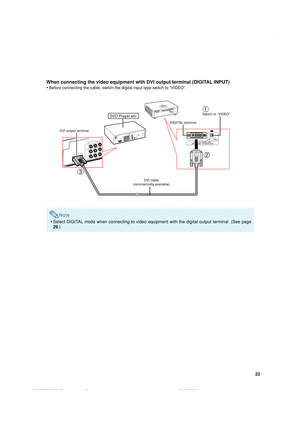 Page 2623
DIGITAL terminal
DVI output terminal
DVI cable
(commercially available)
Switch to “VIDEO”DVD Player,etc.
2
3 1
Note
•
Select DIGITAL mode when connecting to video equipment with the digital output termina\
l. (See page
29 .)
When connecting the video equipment with DVI output terminal (DIGITAL INPUT)
•Before connecting the cable, switch the digital input type switch to “\
VIDEO”.
EIP-1500T_E_P19_27.p65 5/24/05, 9:22 AM
23 