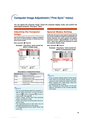 Page 4845
You can adjust the computer image, match the computer display mode, and confirm the
input signal using the “Fine Sync” menu.
Computer Image Adjustment (“Fine Sync” menu)
Adjusting the Computer
Image
Use the Fine Sync function in case of irregulari-
ties such as vertical stripes or flickering in por-
tions of the screen.
Menu operation  Page 38
Example: “Fine Sync” menu screen for
INPUT 5 (RGB) mode
Description of Adjustment Items
Note
•You can automatically adjust the computer im-
age by setting “Auto...