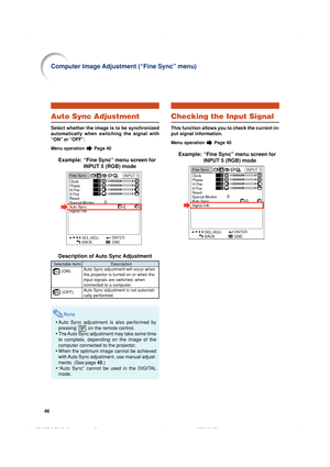 Page 4946
Auto Sync Adjustment
Select whether the image is to be synchronized
automatically when switching the signal with
“ON” or “OFF”.
Menu operation  Page 40
Example: “Fine Sync” menu screen for
INPUT 5 (RGB) mode
Description of Auto Sync Adjustment
Note
• Auto Sync adjustment is also performed by
pressing 
 on the remote control.
• The Auto Sync adjustment may take some time
to complete, depending on the image of the
computer connected to the projector.
• When the optimum image cannot be achieved
with Auto...