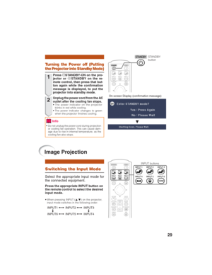 Page 3329
On-screen Display (confirmation message)
1
2
Turning the Power off (Putting
the Projector into Standby Mode)
PressoSTANDBY-ON on the pro-
jector or aSTANDBY on the re-
mote control, then press that but-
ton again while the confirmation
message is displayed, to put the
projector into standby mode.
Unplug the power cord from the AC
outlet after the cooling fan stops.
• The power indicator on the projector
blinks in red while cooling.
• The power indicator changes to green
when the projector finishes...