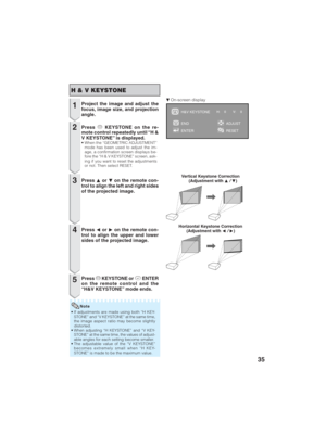 Page 3935
2Pressc KEYSTONE on the re-
mote control repeatedly until “H &
V KEYSTONE” is displayed.
• When the “GEOMETRIC ADJUSTMENT”
mode has been used to adjust the im-
age, a confirmation screen displays be-
fore the “H & V KEYSTONE” screen, ask-
ing if you want to reset the adjustments
or not. Then select RESET.
H & V KEYSTONE
H&V KEYSTONE
END
ENTERADJUST
RESET
ROn-screen display
1Project the image and adjust the
focus, image size, and projection
angle.
Horizontal Keystone Correction
(Adjustment withO/Q)
3...