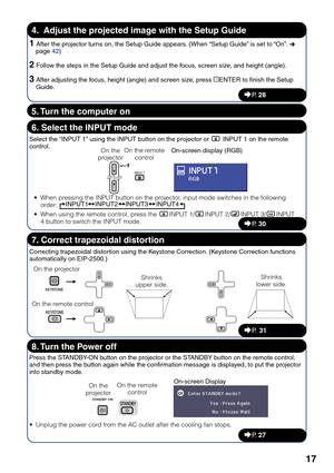 Page 2117
4.  Adjust the projected image with the Setup Guide
Select the “INPUT 1” using the INPUT button on the projector or C INPUT 1 on the remote
control.
6. Select the INPUT mode
• When pressing the INPUT button on the projector, input mode switches in the following
order: INPUT1 INPUT2 INPUT3 INPUT4
• When using the remote control, press the CINPUT 1/CINPUT 2/DINPUT 3/EINPUT
4 button to switch the INPUT mode.On the
projectorOn the remote
controlOn-screen display (RGB)
_P.  30
_P.  28
1After the projector...