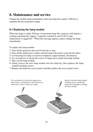 Page 26                        
25
8. Maintenance and service  
Change the module lamp immediately when the lamp life reaches 1500 hrs to 
maintain the best projection image. 
 
 
8.1 Replacing the lamp module 
 
When the lamp is within 30 hours of maximum lamp life, projector will display a 
warning automatically stating, “Lamp has reached its end of life! Lamp 
replacement is suggested!”. When this message appears, please change the lamp 
immediately. 
 
To replace the lamp module: 
1. Turn off the projector...