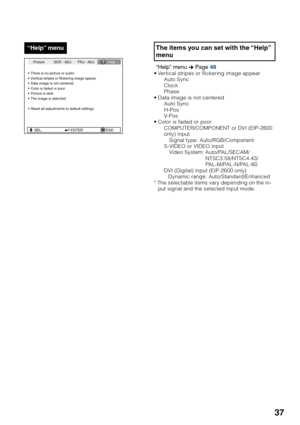 Page 39
37
SEL ENTER END
There is no picture or audio
Vertical stripes or flickering image appear
Data image is not centered
Color is faded or poor
Picture is dark
The image is distorted
Reset all adjustments to default settingsSEL.
Picture SCR - ADJ PRJ - ADJ
Help
The items you can set with the “Help”
menu
“Help” menu n Page  48•Vertical stripes or flickering image appear
Auto Sync
Clock
Phase
• Data image is not centered
Auto Sync
H-Pos
V-Pos
• Color is faded or poor
COMPUTER/COMPONENT or DVI (EIP-2600
only)...