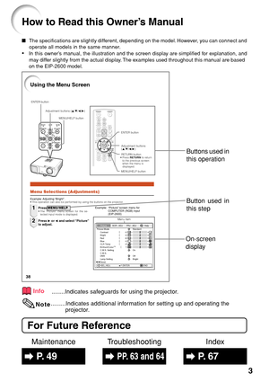 Page 5
3
How to Read this Owner’s Manual
■The specifications are slightly different, depending on the model. However, you can connect and
operate all models in the same manner.
•
• •
•
• In this owner’s manual, the illustration and the screen display are simplified for explanation, and
may differ slightly from the actual display. The examples used throughout this manual are based
on the EIP-2600 model.
For Future Reference
Buttons used in
this operation
On-screen
display
Button used in
this step
Index...