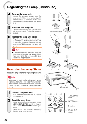 Page 56
54
Remove the lamp unit.•Loosen the securing screws from the
lamp unit. Hold the lamp unit and pull it
in the direction of the arrow. At this time,
keep the lamp unit horizontal and do not
tilt it.
Resetting the Lamp Timer
Reset the lamp timer after replacing the lamp.
Insert the new lamp unit.•P ress the lamp unit firmly into the lamp
unit compartment. Fasten the securing
screws.
Replace the lamp unit cover.• Align the tab on the lamp unit cover
(1 ) and place it while pressing the tab
( 2 ) to close...