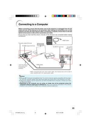 Page 2723
Connecting to a Computer
To RGB output terminal To audio output terminalRGB Cable
* ø3.5 mm stereo or
mono audio cable
(commercially
available)RGB Cable Before connecting, ensure that the power cord of the projector is unplugged from the AC
outlet and turn off the devices to be connected. After making all connections, turn on the
projector and then the other devices. When connecting a computer, ensure that it is the last
device to be turned on after all the connections are made.
Ensure that you have...