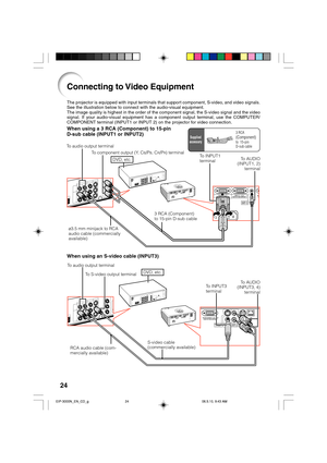 Page 2824
Connecting to Video Equipment
The projector is equipped with input terminals that support component, S-video, and video signals.
See the illustration below to connect with the audio-visual equipment.
The image quality is highest in the order of the component signal, the S-video signal and the video
signal. If your audio-visual equipment has a component output terminal, use the COMPUTER/
COMPONENT terminal (INPUT1 or INPUT 2) on the projector for video connection.
When using a 3 RCA (Component) to...