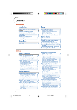 Page 84
Contents
Preparing
Introduction
How to Read this Owner’s Manual ....... 3
Contents ............................................... 4
IMPORTANT SAFEGUARDS ............... 6
How to Access the PDF Owner’s
Manuals ............................................ 10
Accessories ........................................ 11
Part Names and Functions ................. 12
Inserting the Batteries.......................... 15
Usable Range...................................... 15
Quick Start
Quick Star t...