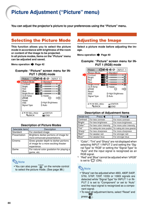 Page 4844
You can adjust the projector’s picture to your preferences using the “Picture” menu.
Picture Adjustment (“Picture” menu)
Selecting the Picture Mode
This function allows you to select the picture
mode in accordance with brightness of the room
or content of the image to be projected.
In all picture modes, items on the “Picture” menu
can be adjusted and saved.
Menu operation  Page 42
Example: “Picture” screen menu for IN-
PUT 1 (RGB) mode
Description of Picture Modes
Note
•You can also press  on the...