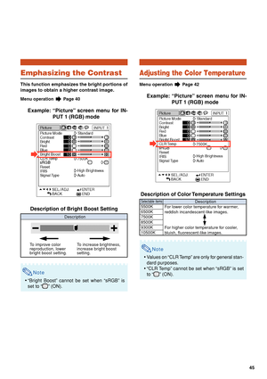 Page 4945
Emphasizing the Contrast
This function emphasizes the bright portions of
images to obtain a higher contrast image.
Menu operation  Page 40
Example: “Picture” screen menu for IN-
PUT 1 (RGB) mode
Description of Bright Boost Setting
Note
•“Bright Boost” cannot be set when “sRGB” is
set to “
” (ON).
Adjusting the Color Temperature
Menu operation  Page 42
Example: “Picture” screen menu for IN-
PUT 1 (RGB) mode
Description of Color Temperature Settings
Note
•Values on “CLR Temp” are only for general stan-...