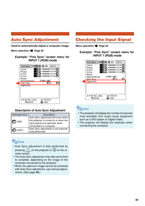 Page 5349
Auto Sync Adjustment
Used to automatically adjust a computer image.
Menu operation  Page 42
Example: “Fine Sync” screen menu for
INPUT 1 (RGB) mode
Description of Auto Sync Adjustment
Note
•Auto Sync adjustment is also performed by
pressing 
 on the projector or  on the re-
mote control.
•The Auto Sync adjustment may take some time
to complete, depending on the image of the
computer connected to the projector.
•When the optimum image cannot be achieved
with Auto Sync adjustment, use manual adjust-...