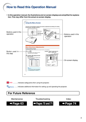 Page 73
40
The menu can be operated to achieve two functions, adjustments and settings. (For setting
the menu items, see pages 42 and 43. )
Using the Menu Screen
Menu Selections (Adjustments)
Example: Adjusting “Bright”•This operation can also be performed by using the buttons on the projector.
Menu icons
ENTER 
buttonMENU button
UNDO button MOUSE/ 
Adjustment
button ('/"/\/|)
Adjustment 
buttons ('/"/\/|)
MENU buttonENTER button
Example: “Picture” screen menu for
INPUT 1 (RGB) mode1Press .•The...