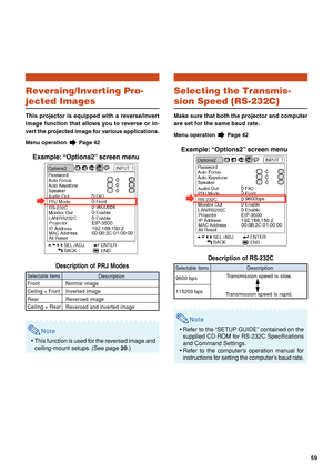 Page 6359
Reversing/Inverting Pro-
jected Images
This projector is equipped with a reverse/invert
image function that allows you to reverse or in-
vert the projected image for various applications.
Menu operation  Page 42
Example: “Options2” screen menu
Description of PRJ Modes
Note
•This function is used for the reversed image and
ceiling-mount setups. (See page 20.)
Description
Normal image
Inverted image
Reversed image
Reversed and inverted image
Selectable items
Front
Ceiling + Front
Rear
Ceiling + Rear...