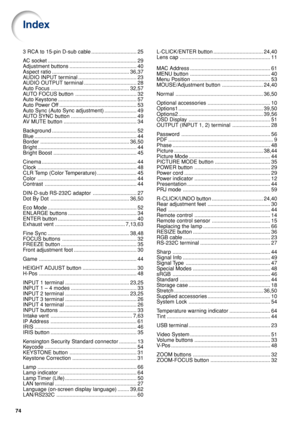 Page 78743 RCA to 15-pin D-sub cable............................... 25
AC socket ............................................................. 29
Adjustment buttons.............................................. 40
Aspect ratio.....................................................36,37
AUDIO INPUT terminal........................................ 23
AUDIO OUTPUT terminal.................................... 28
Auto Focus......................................................32,57
AUTO FOCUS...