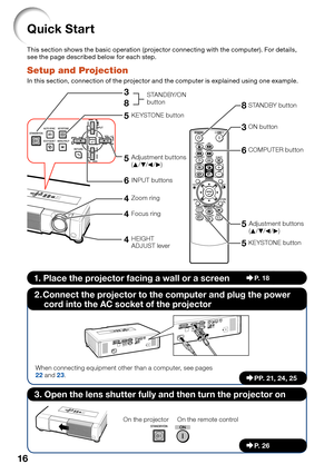 Page 18
16
Quick Start
This section shows the basic operation (projector connecting with the computer). For details, 
see the page described below for each step.
Setup and Projection
In this section, connection of the projector and the computer is explained using one example.
INPUT buttons6
STANDBY button8
KEYSTONE button5
STANDBY/ON 
button3
8
5
KEYSTONE button
Focus ring
4
HEIGHT 
ADJUST lever43
ON button
6COMPUTER button
5Adjustment buttons 
(
P /R /O /Q )
5Adjustment buttons 
(P /R /O /Q )
Zoom ring
4
1....