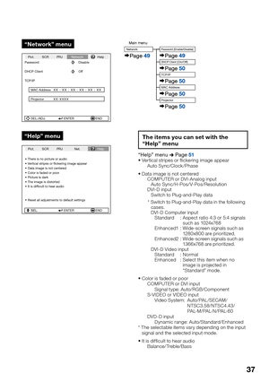 Page 39
37
“Network” menu
SEL./ADJ. ENTER END
Pict. SCR PRJ
NetworkHelp
Password Disable
DHCP Client Off
TCP/IP
MAC Address
Projector
XX : XX : XX : XX : XX : XX
XX-XXXX
“Help” menu
SEL ENTER END
There is no picture or audio
Vertical stripes or ﬂickering image appear
Data image is not centered
Color is faded or poor
Picture is dark
The image is distorted
It is difﬁcult to hear audio
Reset all adjustments to default settings
SEL.
Pict. SCR PRJ Net.
Help
Main menuNetwork
Page 49
Password [Enable/Disable]
DHCP...