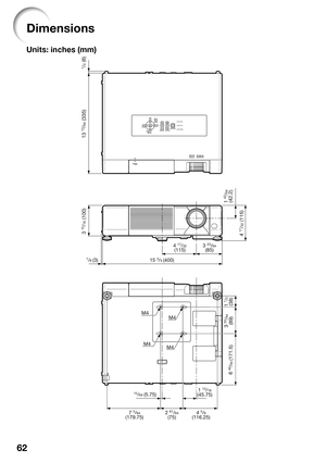 Page 64
62
Dimensions
Units: inches (mm)
M4M4
M4
M4
1/4 (6)
13 
13/64 (335)
3 
15/16 (100)
1 
43/64
(42.2)
4 
17/32 (115)
3 23/64(85)
4 17/32(115)
15 
3/4 (400)1/8 (3)
1 1/2(38)
3 
33/64(89)
6 
49/64 (171.5)
15/64 (5.75) 1 13/16(45.75)
4 
5/8(116.25)
2 61/64(75)
7 5/64(179.75) 