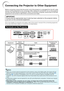 Page 23
21
Connecting the Projector to Other Equipment
Before connecting, ensure that the power cord of the projector is unplugged from the AC outlet 
and turn off the equipment to be connected. After making all connections, turn on the projector 
and then the other pieces of equipment. When connecting a computer, ensure that it is the last 
equipment to be turned on after all the connections are made.
IMPORTANT:
Ensure that the appropriate input mode has been selected on the projector before 
you turn on the...