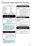 Page 47
45
Adjusting the Projector Function (“PRJ - ADJ” Menu)
Menu operation n Page 38
SEL./ADJ. ENTER END
Auto Power Off
System Sound
System Lock
hOn On
Auto Restart On
STANDBY Mode Standard
0 min0
Lamp Timer(Life) 100%
Speaker On Audio Out VAO
Audio Input Audio 1
RS-232C 9600bps
Fan Mode Normal
Disable
Auto Sync On
Pict. SCR
PRJ-ADJNet. Help
1
2
3
4
5
7
6
8
9
0
1 Auto Sync (Auto Sync
 Adjustment)
Selectable 
items Description
On Auto Sync adjustment will occur when  the projector is turned on or when the...