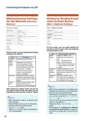 Page 2626
Controlling the Projector via LAN
Making General Settings
for the Network 
(Network –
General)
On this screen, you can make general settings
relating to the network.
After clicking the “Apply” button, the set val-
ues appear. Confirm that the values are set
properly, and then click the “Confirm” button.
Note
•After setting items, wait for 10 seconds and
then re-access.
•Projector Name can be up to 12 characters.
•You can input the characters below :
A-Z, 0-9, -, _, (, ), space
(When “a-z” are input,...