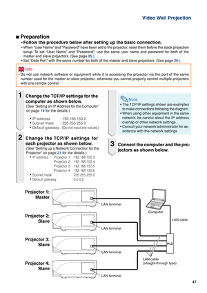 Page 4747
Video Wall  Projection
Projector 1:
Master
Projector 2:
Slave
Projector 3:
Slave
Projector 4:
Slave
LAN terminal
Computer
LAN cable
LAN cable
(straight-through type)Hub
LAN terminal
LAN terminal
LAN terminal
1Change the TCP/IP settings for the
computer as shown below.
(See “Setting an IP Address for the Computer”
on page 19 for the details.)
•IP address : 192.168.150.2
•Subnet mask : 255.255.255.0
•Default gateway : (Do not input any values.)
2Change the TCP/IP settings for
each projector as shown...