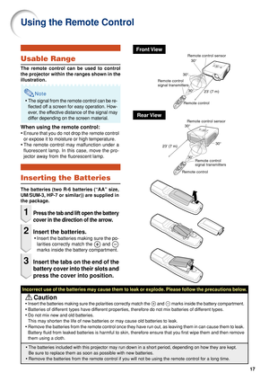 Page 2217
Using the Remote Control
Inserting the Batteries
The batteries (two R-6 batteries (“AA” size,
UM/SUM-3, HP-7 or similar)) are supplied in
the package.
1Press the tab and lift open the battery
cover in the direction of the arrow
.
2Insert the batteries.
•Insert the batteries making sure the po-
larities correctly match the 
 and 
marks inside the battery compartment.
3Insert the tabs on the end of the
battery cover into their slots and
press the cover into position.
Incorrect use of the batteries may...