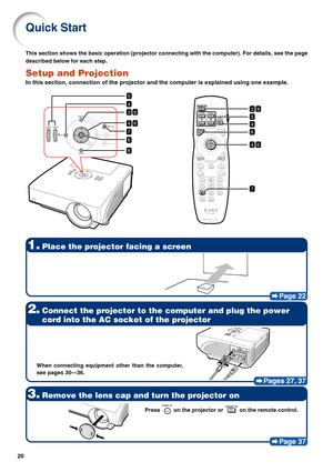 Page 2520
Quick Start
Page 22
1.Place the projector facing a screen
Pages 27, 37
Page 37
Press  on the projector or  on the remote control. This section shows the basic operation (projector connecting with the computer). For details, see the page
described below for each step.
Setup and Projection
In this section, connection of the projector and the computer is explained using one example.
2.Connect the projector to the computer and plug the power
cord into the AC socket of the projector
3.Remove the lens cap...