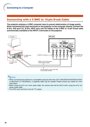 Page 3328
Connecting with a 5 BNC to 15-pin D-sub Cable
The projector employs a 5 BNC computer input to prevent deterioration of image quality.
When connecting the input terminals on the projector to the computer directly, Connect the
R (P
R), G/G sync (Y), B (PB), HD/C sync and VD cables of the 5 BNC to 15-pin D-sub cable
(commercially available) to the INPUT 2 terminals on the projector.
Note
•When connecting the projector to a compatible computer other than a PC (VGA/SVGA/XGA/SXGA/UXGA)
or Macintosh (i.e....