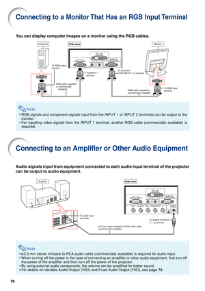 Page 4136
Connecting to a Monitor That Has an RGB Input Terminal
You can display computer images on a monitor using the RGB cables.
Note
•RGB signals and component signals input from the INPUT 1 or INPUT 2 terminals can be output to the
monitor.
•For inputting video signals from the INPUT 1 terminal, another RGB cable (commercially available) is
required.
Connecting to an Amplifier or Other Audio Equipment
Audio signals input from equipment connected to each audio input terminal of the projector
can be output...