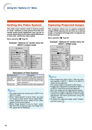 Page 8176
Using the “Options (1)” Menu
Setting the Video System
The video input system mode is factory preset
to “Auto”; however, a clear picture from the con-
nected audio-visual equipment may not be re-
ceived, depending on the video signal difference.
In that case, switch the video signal.
Menu operation  Page 58
Example: “Options (1)” screen menu for
INPUT 4 (video) mode
Description of Video Systems
Note
•The video signal can only be set in INPUT 4 or
INPUT 5 mode.
•When “Video System” is set to “Auto”, you...