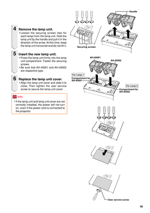 Page 10095
4Remove the lamp unit.
•Loosen the securing screws (two for
each lamp) from the lamp unit. Hold the
lamp unit by the handle and pull it in the
direction of the arrow. At this time, keep
the lamp unit horizontal and do not tilt it.
5Insert the new lamp unit.
•Press the lamp unit firmly into the lamp
unit compartment. Fasten the securing
screws.
•Be sure that AH-45001 and AH-45002
are respective type.
6Replace the lamp unit cover.
•Align the lamp unit cover and slide it to
close. Then tighten the user...