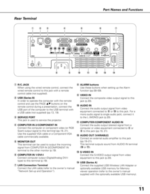 Page 1111
Part Names and Functions
! 3S-VIDEO IN
Connect the S-VIDEO output signal from video
equipment to this jack (p.20).
! 0AUDIO IN
Connect the audio output signal from video
equipment connected to  oor !3to this jack. For a
mono audio signal (a single audio jack), connect it
to the L (MONO) jack (p.20).
! 1COMPUTER/COMPONENT AUDIO IN
Connect the audio output (stereo) signal from a
computer or video equipment connected to  ror
y to this jack (pp.19, 21).
o VIDEO IN
Connect the composite video output signal...