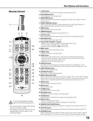 Page 1313
Part Names and Functions
To ensure safe operation, please
observe the following precautions:
– Do not bend, drop, or expose the remote
control to moisture or heat.
– For cleaning, use a soft dry cloth. Do not
apply benzene, thinner, splay, or any
chemical material.
o
t
! 6
!2
@1
y
@2
!9
e WIRED REMOTE jack
Connect the remote control cable (not supplied) to this jack when usin\
g as a wired
remote control.
yCOMPUTER button
Select the COMPUTER input source (pp.30–31, 41).
!0MENU button
Open or close the...