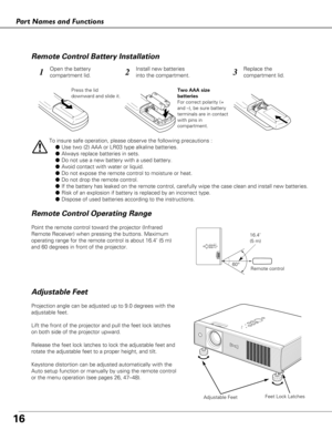 Page 1616
Adjustable FeetFeet Lock Latches
Adjustable Feet
Pa rt Names and Functions
To insure safe operation, please observe the following precautions :
●Use two (2) AAA or LR03 type alkaline batteries.
● Always replace batteries in sets.
● Do not use a new battery with a used battery.
● Avoid contact with water or liquid.
● Do not expose the remote control to moisture or heat.
● Do not drop the remote control.
● If the battery has leaked on the remote control, carefully wipe the case\
 clean and install new...