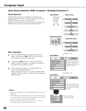 Page 3030
Choose either Computer 1 (Analog) or Computer 2 by
pressing the INPUT button on the top control or press the
COMPUTER button on the remote control.
Before using these buttons, correct input source should be
selected through Menu operation as described below.
Press the MENU button to display the On-Screen
Menu. Use the Point 
7 8buttons to move the red
frame pointer to the Input Menu icon.1Input Menu
Use the Point edbuttons to move the red arrow
pointer to either Computer 1 (Analog) or Computer 2,
and...