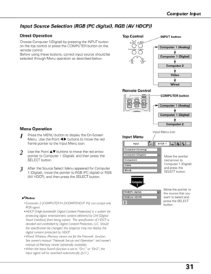 Page 3131
Computer Input
Choose Computer 1(Digital) by pressing the INPUT button
on the top control or press the COMPUTER button on the
remote control.
Before using these buttons, correct input source should be
selected through Menu operation as described below.
Press the MENU button to display the On-Screen
Menu. Use the Point 
7 8buttons to move the red
frame pointer to the Input Menu icon.1Input Menu
Use the Point edbuttons to move the red arrow
pointer to Computer 1 (Digital), and then press the
SELECT...