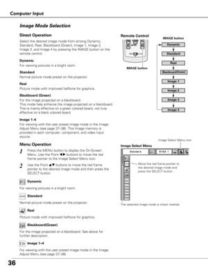 Page 3636
Computer Input
Move the red frame pointer to
the desired image mode and
press the SELECT button.
The selected image mode is check marked.
Image Select Menu
Normal picture mode preset on the projector. Standard
Picture mode with improved halftone for graphics.Real
For the image projected on a blackboard. See above for
further description.Blackboard(Green)
Image Select Menu icon
IMAGE button
Dynamic
Real
Image 1
Image 2
Image 3
Image Mode Selection 
Image 4
For viewing with the user preset image mode in...