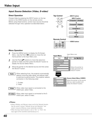 Page 4040
Choose Video by pressing the INPUT button on the top
control or the VIDEO button on the remote control.
Before using these buttons, correct input source should be
selected through menu operation as described below.
Use the Point edbuttons to move the red arrow
pointer to Video and then press the SELECT button to
display the Source Select Menu.
1
2
Move the pointer to
Video and press the
SELECT button.
VIDEO
Move the pointer to the source
that you want to select and
press the SELECT button. Source...