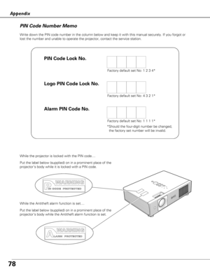 Page 7878
Appendix
Write down the PIN code number in the column below and keep it with this\
 manual securely. If you forgot or
lost the number and unable to operate the projector, contact the service\
 station. 
PIN Code Number Memo
Factory default set No: 1 2 3 4*
Factory default set No: 4 3 2 1*
*Should the four-digit number be changed, the factory set number will be invalid.
Put the label below (supplied) on in a prominent place of the
projector’s body while it is locked with a PIN code.
While the projector...