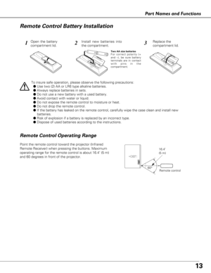 Page 1313
Part Names and Functions
123
To insure safe operation, please observe the following precautions:
● Use two (2) AA or LR6 type alkaline batteries.
● Always replace batteries in sets.
● Do not use a new battery with a used battery.
● Avoid contact with water or liquid.
● Do not expose the remote control to moisture or heat.
● Do not drop the remote control.
● If the battery has leaked on the remote control, carefully wipe the case\
 clean and install new 
batteries.
●  Risk of explosion if a battery is...