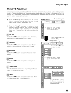 Page 2929
Computer Input
Press the MENU button to display the On-Screen
Menu.  Press the Point
7 8buttons to move the red
frame pointer to the PC Adjust Menu icon.1
2Press the Point edbuttons to move the red frame
pointer to the item that you want to adjust and then
press the SELECT button to display the adjustment
dialog box.  Press the Point
7 8buttons to adjust the
value.
Move the red framed
pointer to an item and
press the SELECT button.
PC Adjust MenuPC Adjust Menu icon
Press the SELECT button
at this item...