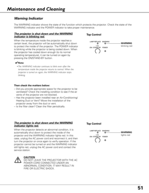 Page 5151
The WARNING indicator shows the state of the function which protects the\
 projector. Check the state of the
WARNING indicator and the POWER indicator to take proper maintenance. 
Wa rn ing Indicator
The projector is shut down and the WARNING
indicator is blinking red.
When the temperature inside the projector reaches a
certain level, the projector will be automatically shut down
to protect the inside of the projector. The POWER indicator
is blinking while the projector is being cooled down. When
the...