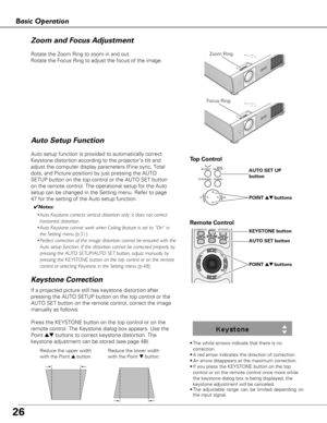 Page 2626
Basic Operation
If a projected picture still has keystone distortion after
pressing the AUTO SETUP button on the top control or the
AUTO SET button on the remote control, correct the image
manually as follows:
Press the KEYSTONE button on the top control or on the
remote control. The Keystone dialog box appears. Use the
Point 
edbuttons to correct keystone distortion. The
keystone adjustment can be stored (see page 48).
Auto setup function is provided to automatically correct
Keystone distortion...